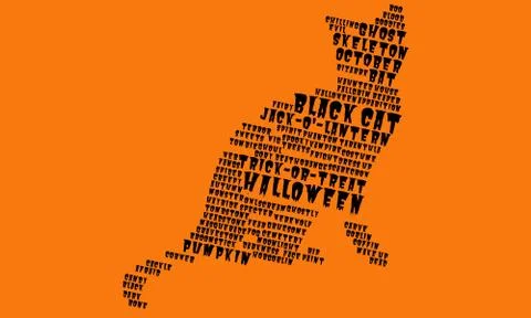 Word cloud, text cloud in the shape of a black cat on orange background Stock Illustration
