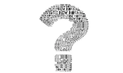 Word cloud with text reading "new normal" forms a question mark Stock Illustration