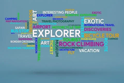 Word cloud on the topic explorer. The words explorer in different colors and Stock Photos