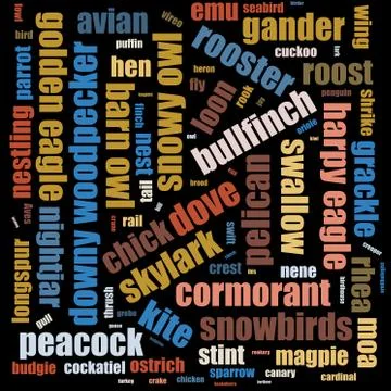Word cloud typography concept, consisting of important words. Terms - bird. C 스톡 일러스트