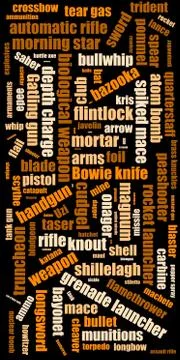 Word cloud typography concept, consisting of important words. Terms - weapons Stock Illustration