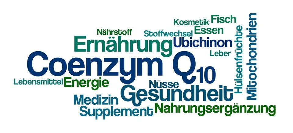 Word Cloud on a white background - Coenzyme Q10 - Coenzym Q10 (German) Stock Illustration