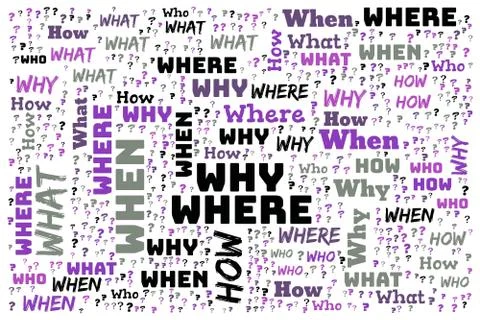 Word Cloud - Who, What, Where, When, Why and How on white background. Questio Stock Illustration