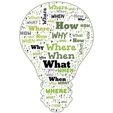 Word Cloud - Who, What, Where, When, Why and How on white background. Questio Illustrazione stock