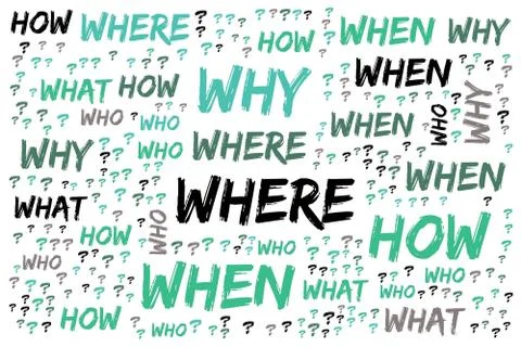 Word Cloud - Who, What, Where, When, Why and How on white background. Questio Stock Illustration