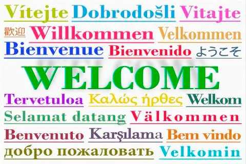 Word cloud with the word Welcome written in multiple languages Stock Illustration