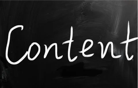 The word "content" handwritten with white chalk on a blackboard Stock Illustration