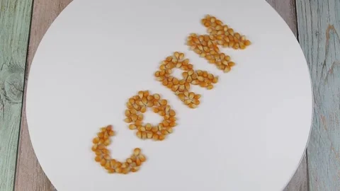 The word Corn is written with grains of corn rotating on a white background. Vídeo Stock 139061330