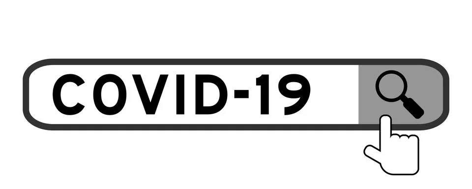 Word COVID-19 (Code for Coronavirus) in search box with hand icon over magnif Stock Illustration