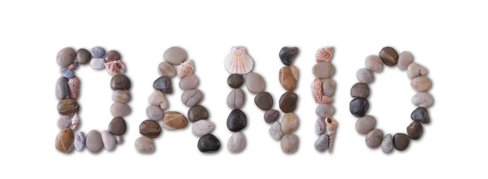 The word "DANIO" is lined with shells and stones of different shapes and co.. Stock Photos