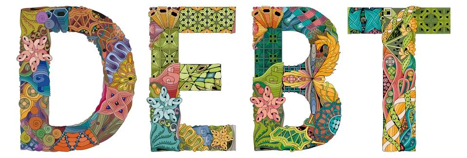 Word DEBT. Vector zentangle object for decoration Stock Illustration