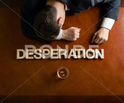 Word Desperation and devastated man composition Stock Photos