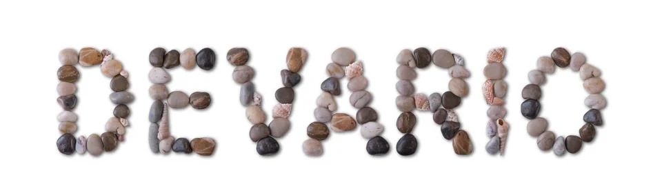 The word "DEVARIO" is lined with shells and stones of different shapes and .. 스톡 사진