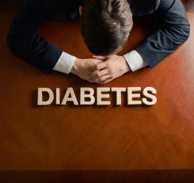 Word Diabetes and devastated man composition Stock Illustration