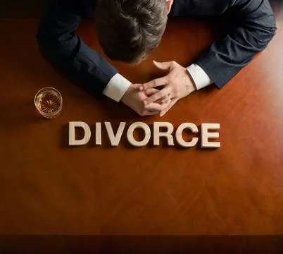 Word Divorce and devastated man composition Stock Illustration