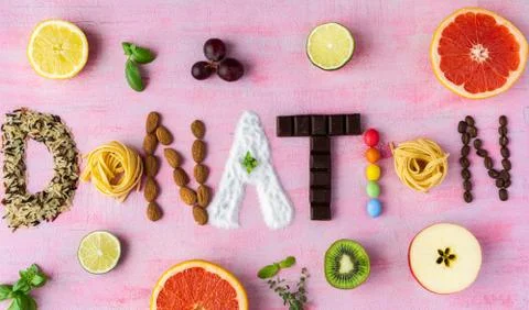 The word donation made of different type of food. Creative photo. Stock Photos