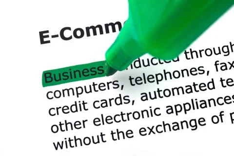 The word e-commerce, highlighted in green on white Stock Photos