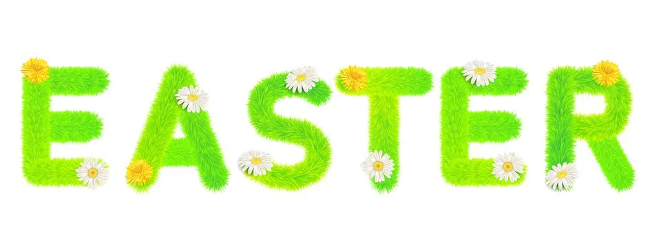 Word Easter made of fur, fluffy decoration, flowers daisey, dandelion Stock Illustration