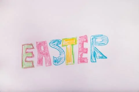 Word Easter written in chalk on white background Stock Photos