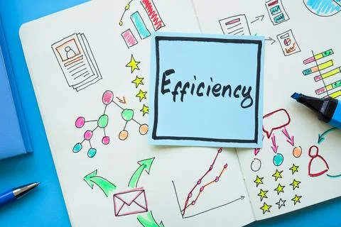 Word efficiency and notebook with notes about the performance of company Stock Photos