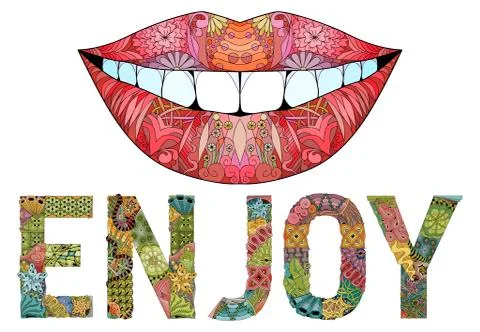 Word ENJOY with silhouette of lips. Vector decorative zentangle object. Stock Illustration