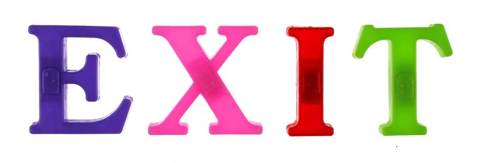 Word exit is lined with multicolored plastic letters on magnets, Foto stock