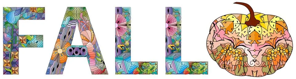 Word FALL with pumpkin. Vector decorative zentangle object for decoration 스톡 일러스트