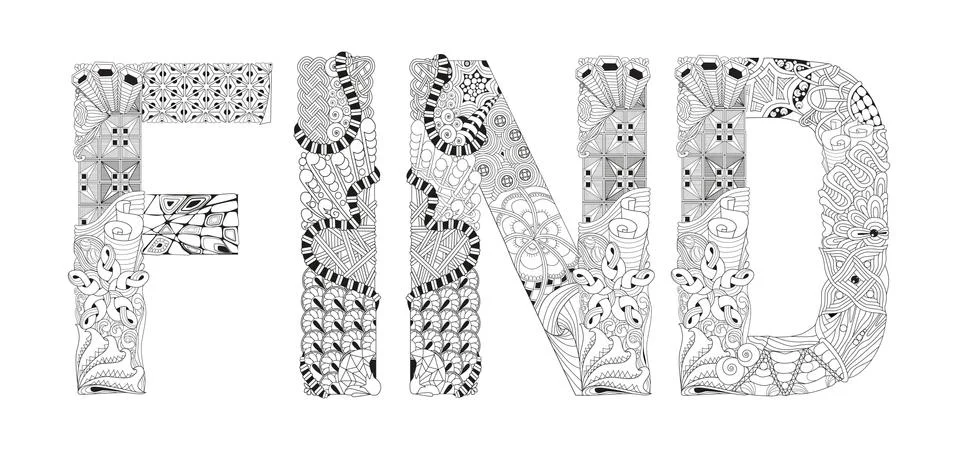 Word FIND for coloring. Vector decorative zentangle object Illustrazione stock