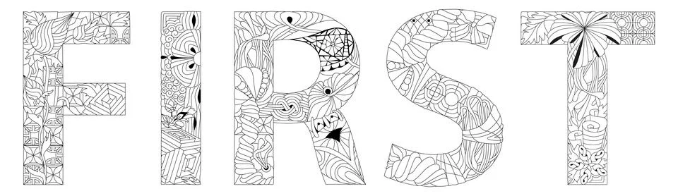Word FIRST for coloring. Vector decorative zentangle object for decoration Stock Illustration