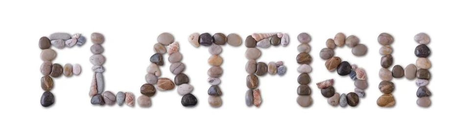 The word "FLATFISH" is lined with shells and stones of different shapes and.. Stock Photos
