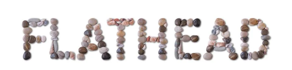 The word "FLATHEAD" is lined with shells and stones of different shapes and c Fotos Stock