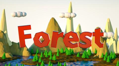 The word forest is written on a low poly landscape background. 3d render illu Stock Illustration