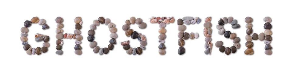 The word "GHOSTFISH" is lined with shells and stones of different shapes an.. Stock Photos