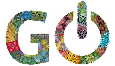 Word GO with power button. Vector zentangle object for decoration Illustrazione stock