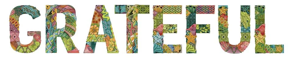 Word GRATEFUL with falling leaves. Vector decorative zentangle object Ilustração Stock