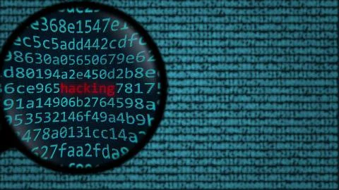 Word HACKING being found among computer symbols. 3D rendering Stock Illustration