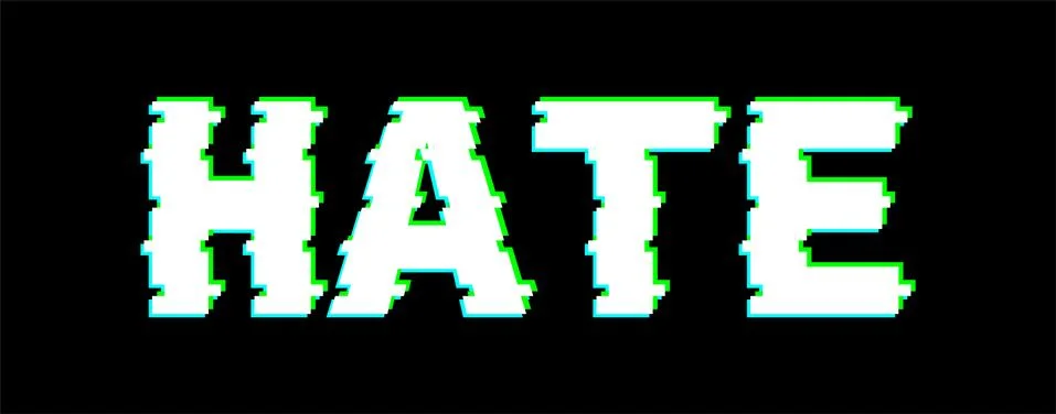 Word hate with glitch effect on dark background. Distorted letters, typograph Stock Illustration