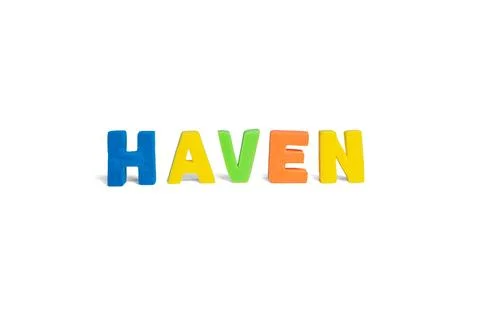 Word haven is made of multicolored three-dimensional sponge letters on a wh.. Stock Photos