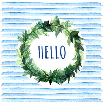 Word hello. Simple and cute floral circle wreath with spring branches leave.. Stock Illustration