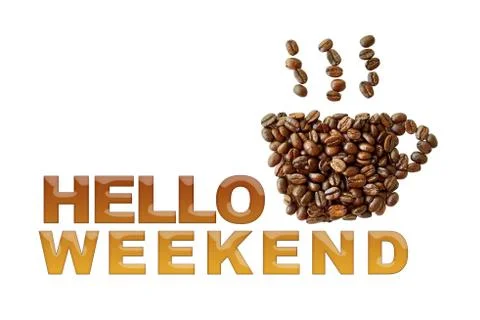 Word Hello Weekend with coffee beans, coffee cup shape on white background Stock Photos