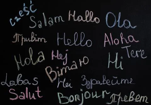 The word Hello is written in different languages and colors on the board. The 스톡 사진