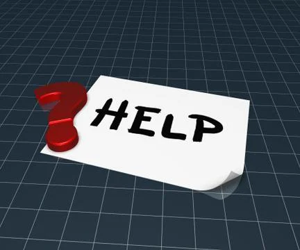 The word help on paper sheet and question mark - 3d rendering Stock Illustration