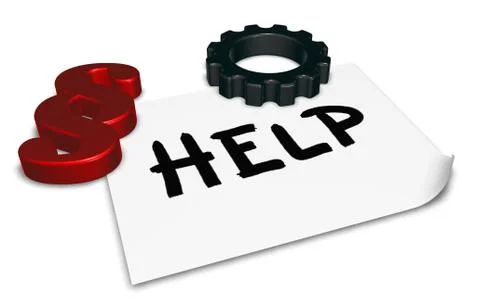 The word help on paper sheet, paragraph symbol and gear wheel - 3d rendering Stock Illustration