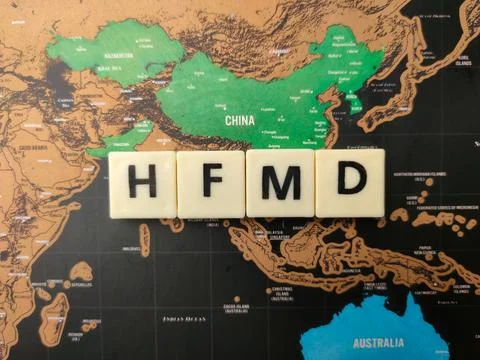 The word HFMD on a world map background. Stock Photos