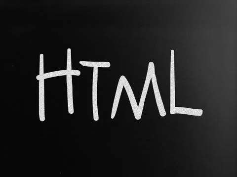 The word "html" handwritten with white chalk on a blackboard Illustrazione stock