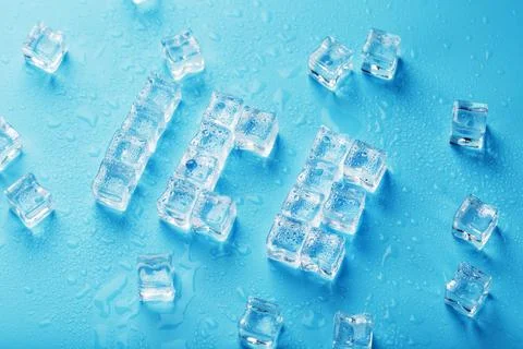 The word ICE is a pattern of ice cubes on a blue background Stock Photos