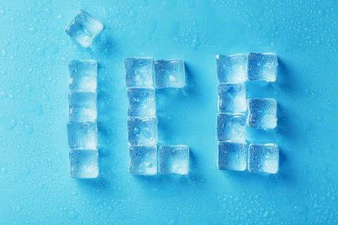 The word ICE is a pattern of ice cubes on a blue background Stock Photos