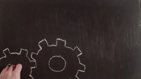 Word the implementation and gears are drawn by hand on a chalkboard. Chalk on Stock Footage 151085889