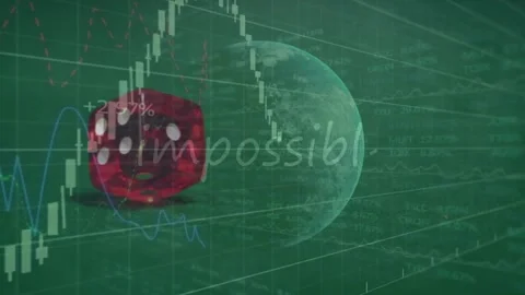 The word impossible is shown spinning on a globe, with a stock market display in Stock Footage 327584777