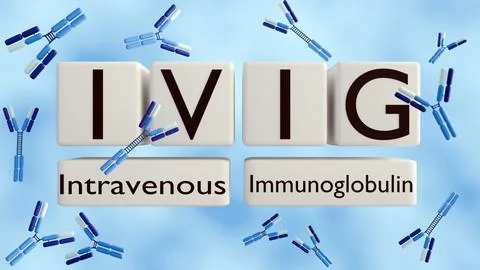 A word  "IVIG" on the white cubes with floating antibody molecules Stock Illustration